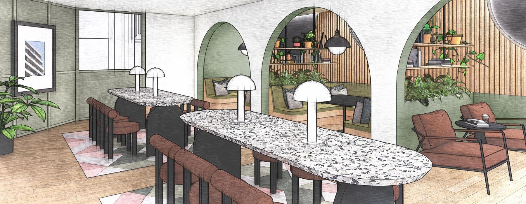 a room with tables and chairs